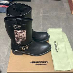 Like New Burberry Graphic Leather Motto Boot with Buckles